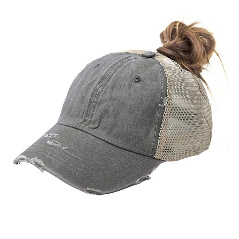 Eohak Distressed Ponytail Hats Baseball for Women Messy-Bun Pony Caps (Grey) - Image 5